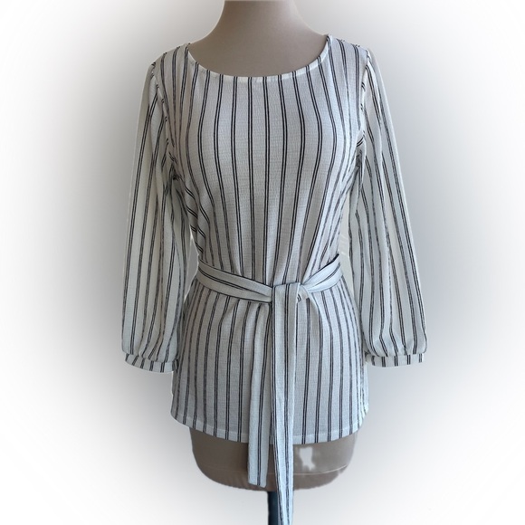 Ann Taylor Factory Tops - Ann Taylor Factory Striped 3/4 Sleeve Tunic with Belt, Size Small